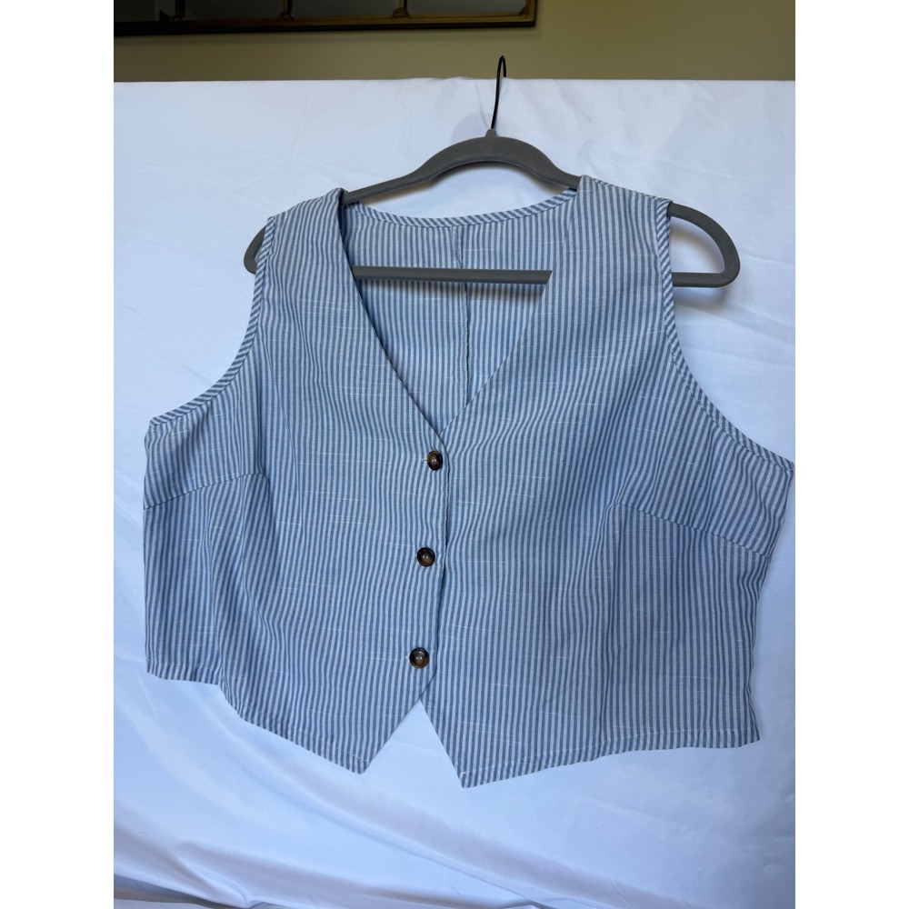 Blue White Striped Linen Blend Button Front Vest Waistcoat Sleeveless Top
